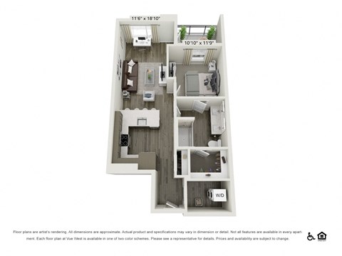 Floor plan for 1 bed, 1 bath, 731 sqft